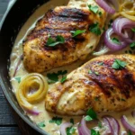 Skillet chicken in onion cream sauce - the image shows two pieces of grilled chicken breasts in a black cast iron skillet. the chicken breasts are golden brown and appear to be seasoned with herbs and spices. they are garnished with sliced red onions and sliced yellow onions. the skillet is sitting on a wooden table with a white cloth napkin underneath. the background is blurred, but it appears to be a rustic kitchen countertop.