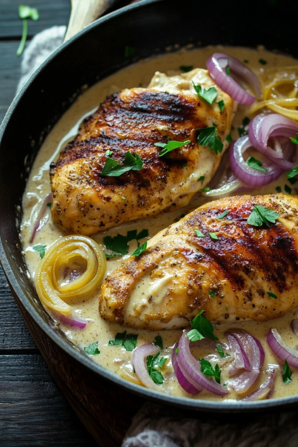 Skillet chicken in onion cream sauce - the image shows two pieces of grilled chicken breasts in a black cast iron skillet. the chicken breasts are golden brown and appear to be seasoned with herbs and spices. they are garnished with sliced red onions and sliced yellow onions. the skillet is sitting on a wooden table with a white cloth napkin underneath. the background is blurred, but it appears to be a rustic kitchen countertop.