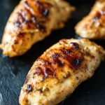 Skillet chicken tenderloins - the image shows a close-up of grilled chicken breasts on a black slate plate. the chicken breasts are golden brown and appear to be seasoned with herbs and spices. the plate is placed on a wooden table, and the background is blurred, making the chicken breasts the focal point of the image.