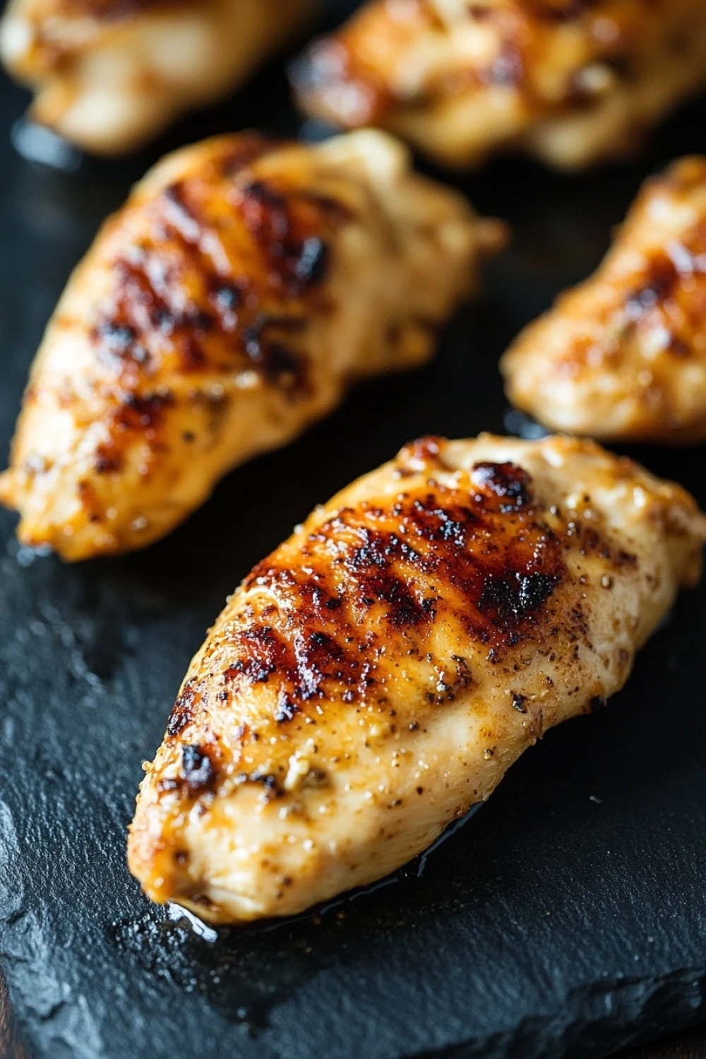 Skillet chicken tenderloins - the image shows a close-up of grilled chicken breasts on a black slate plate. the chicken breasts are golden brown and appear to be seasoned with herbs and spices. the plate is placed on a wooden table, and the background is blurred, making the chicken breasts the focal point of the image.