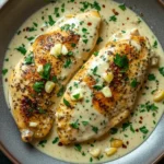 Skillet creamy garlic chicken - the image shows two pieces of grilled chicken breasts in a creamy sauce. the chicken breasts are golden brown and appear to be seasoned with herbs and spices. the sauce is a light yellow color and is drizzled over the top of the chicken breasts. there are also small pieces of corn scattered throughout the sauce, adding a pop of color to the dish. the dish is garnished with fresh parsley and a sprig of parsley. the plate is sitting on a dark grey countertop with a white napkin on the side.