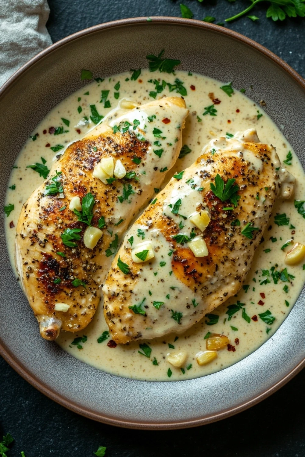 Skillet creamy garlic chicken - the image shows two pieces of grilled chicken breasts in a creamy sauce. the chicken breasts are golden brown and appear to be seasoned with herbs and spices. the sauce is a light yellow color and is drizzled over the top of the chicken breasts. there are also small pieces of corn scattered throughout the sauce, adding a pop of color to the dish. the dish is garnished with fresh parsley and a sprig of parsley. the plate is sitting on a dark grey countertop with a white napkin on the side.
