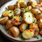 Skillet lemon potatoes - the image shows a plate of roasted potatoes on a wooden table. the potatoes are golden brown and appear to be seasoned with herbs and spices. they are arranged in a circular pattern on the plate, with some overlapping each other. some of the potatoes have a crispy texture, while others have a slightly charred appearance. the plate is garnished with chopped parsley, adding a pop of green color to the dish. the background is blurred, but it appears to be a rustic kitchen countertop.
