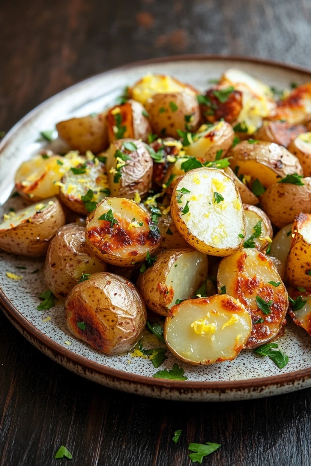 Skillet lemon potatoes - the image shows a plate of roasted potatoes on a wooden table. the potatoes are golden brown and appear to be seasoned with herbs and spices. they are arranged in a circular pattern on the plate, with some overlapping each other. some of the potatoes have a crispy texture, while others have a slightly charred appearance. the plate is garnished with chopped parsley, adding a pop of green color to the dish. the background is blurred, but it appears to be a rustic kitchen countertop.