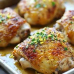 Skillet roasted chicken in lemon sauce - the image shows a baking tray with four pieces of chicken breasts. the chicken breasts are golden brown and appear to be seasoned with herbs and spices. the tray is lined with parchment paper and there is a sprig of parsley on the side. the background is blurred, but it appears to be a kitchen countertop.