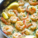 Skillet shrimp scampi - the image shows a frying pan with cooked shrimp in a creamy sauce. the shrimp are pink and appear to be seasoned with herbs and spices. there are two lemon wedges on the side of the pan, and a few sprigs of parsley scattered around the pan. the pan is sitting on a wooden table, and there are a few more lemons in the background. the overall color palette of the image is warm and inviting.
