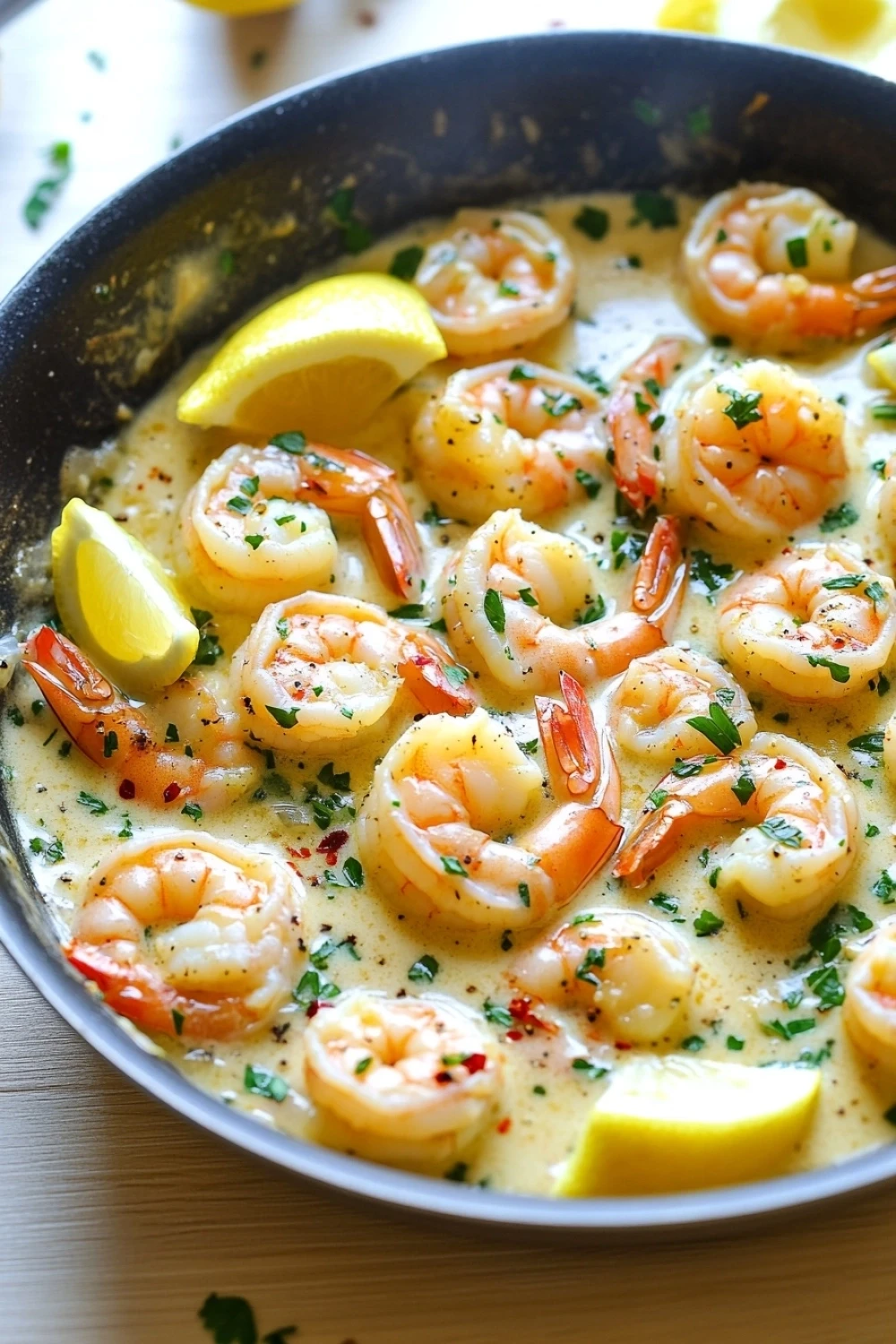 Skillet shrimp scampi - the image shows a frying pan with cooked shrimp in a creamy sauce. the shrimp are pink and appear to be seasoned with herbs and spices. there are two lemon wedges on the side of the pan, and a few sprigs of parsley scattered around the pan. the pan is sitting on a wooden table, and there are a few more lemons in the background. the overall color palette of the image is warm and inviting.