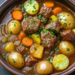 Slow cooker beef and potatoes stew - the image is a close-up of a bowl of beef stew. the stew is made with chunks of beef, potatoes, carrots, onions, and other vegetables. the beef is cooked in a rich, dark brown broth and is garnished with chopped parsley. the potatoes are yellow and appear to be seasoned with herbs and spices. the carrots are bright orange and the onions are a light yellow color. the dish is served in a brown ceramic bowl with a dark background. there are a few sprigs of parsley scattered around the bowl.