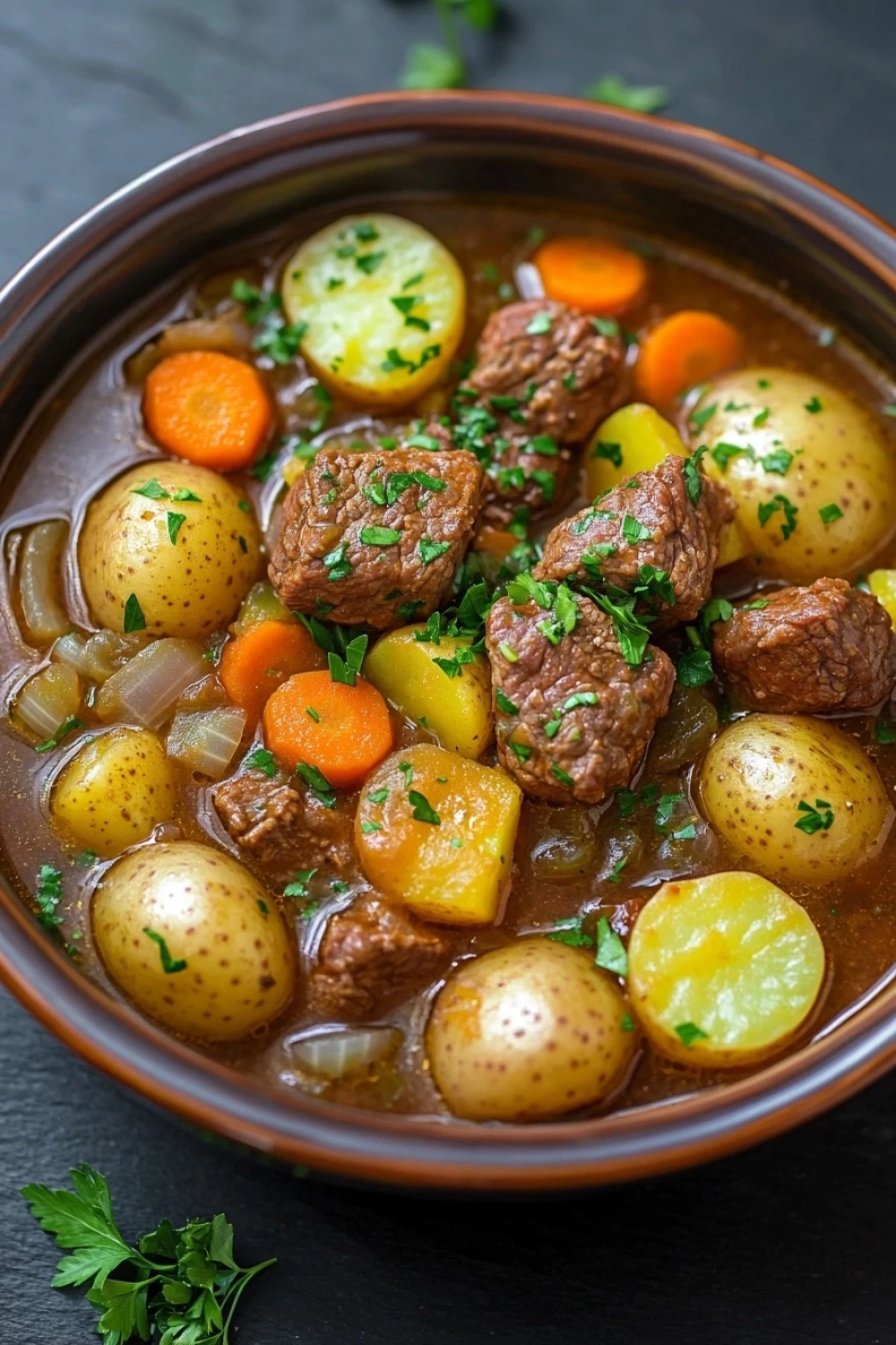 Slow cooker beef and potatoes stew - the image is a close-up of a bowl of beef stew. the stew is made with chunks of beef, potatoes, carrots, onions, and other vegetables. the beef is cooked in a rich, dark brown broth and is garnished with chopped parsley. the potatoes are yellow and appear to be seasoned with herbs and spices. the carrots are bright orange and the onions are a light yellow color. the dish is served in a brown ceramic bowl with a dark background. there are a few sprigs of parsley scattered around the bowl.
