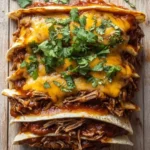Slow cooker beef enchilada stack - the image shows a stack of three enchiladas on a wooden surface. the enchillas are golden brown and appear to be made with shredded beef and cheese. the cheese is melted and bubbly on top, and there are a few sprigs of fresh cilantro scattered around the stack. the background is a rustic wooden table.