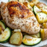 Slow cooker chicken breast with zucchini and potatoes - the image shows a plate of food with a large piece of grilled chicken on top. the chicken is golden brown and appears to be seasoned with herbs and spices. it is surrounded by a bed of roasted potatoes and zucchini. the potatoes are cut into small cubes and are arranged in a circular pattern around the chicken. the zucchinis are bright green and look fresh and juicy. the plate is white and has a textured surface. the background is a wooden table.