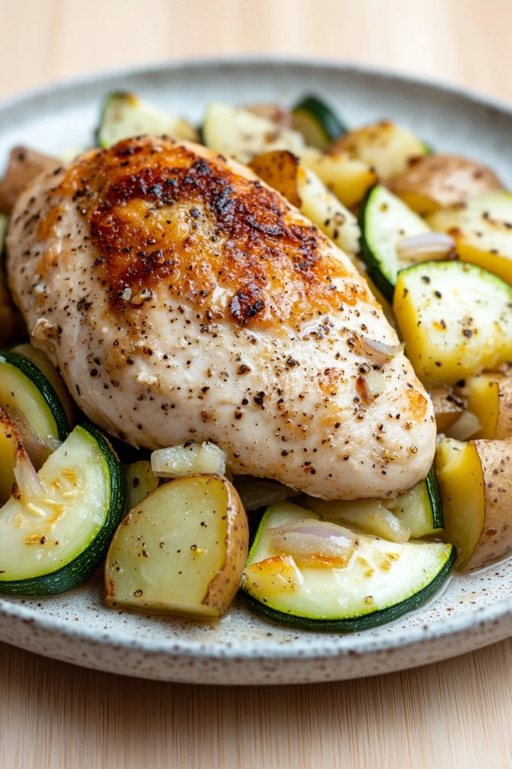 Slow cooker chicken breast with zucchini and potatoes - the image shows a plate of food with a large piece of grilled chicken on top. the chicken is golden brown and appears to be seasoned with herbs and spices. it is surrounded by a bed of roasted potatoes and zucchini. the potatoes are cut into small cubes and are arranged in a circular pattern around the chicken. the zucchinis are bright green and look fresh and juicy. the plate is white and has a textured surface. the background is a wooden table.