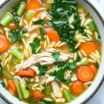 Slow cooker chicken orzo soup crockpot - the image is a close-up of a bowl of soup. the soup appears to be a vegetable soup with chunks of chicken, carrots, celery, and greens mixed in. the bowl is made of ceramic and is sitting on a white marble countertop. the broth is a light yellow color and looks thick and creamy. there are also some green herbs scattered throughout the soup, adding a pop of color to the dish.