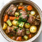 Slow cooker lamb chop stew - the image is a close-up of a bowl of beef stew. the stew is made with chunks of beef, carrots, potatoes, celery, and onions. the beef is cooked medium-rare and appears to be seasoned with herbs and spices. the vegetables are bright orange and look fresh and vibrant. the bowl is made of ceramic and is sitting on a white marble countertop.