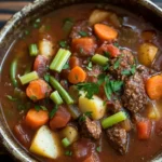 Slow cooker soup stew - the image is a close-up of a bowl of beef stew. the stew is made with chunks of beef, carrots, potatoes, and celery, and is garnished with fresh parsley. the bowl is made of ceramic and is sitting on a wooden table. the broth is a rich brown color and appears to be thick and thick. the vegetables are bright orange and look fresh and vibrant. the overall appearance of the stew is hearty and hearty.