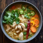 Slow cooker thai chicken noodle soup - the image is a close-up of a bowl of soup on a wooden table. the soup appears to be a type of noodle soup with chunks of chicken, carrots, and jalapeno peppers mixed in. the broth is a light brown color and is thick and creamy. there are also some fresh cilantro leaves scattered throughout the soup. a red chili pepper is placed on top of the soup, adding a pop of color to the dish. the bowl is made of dark wood and has a dark rim. the overall mood of the image is warm and inviting.