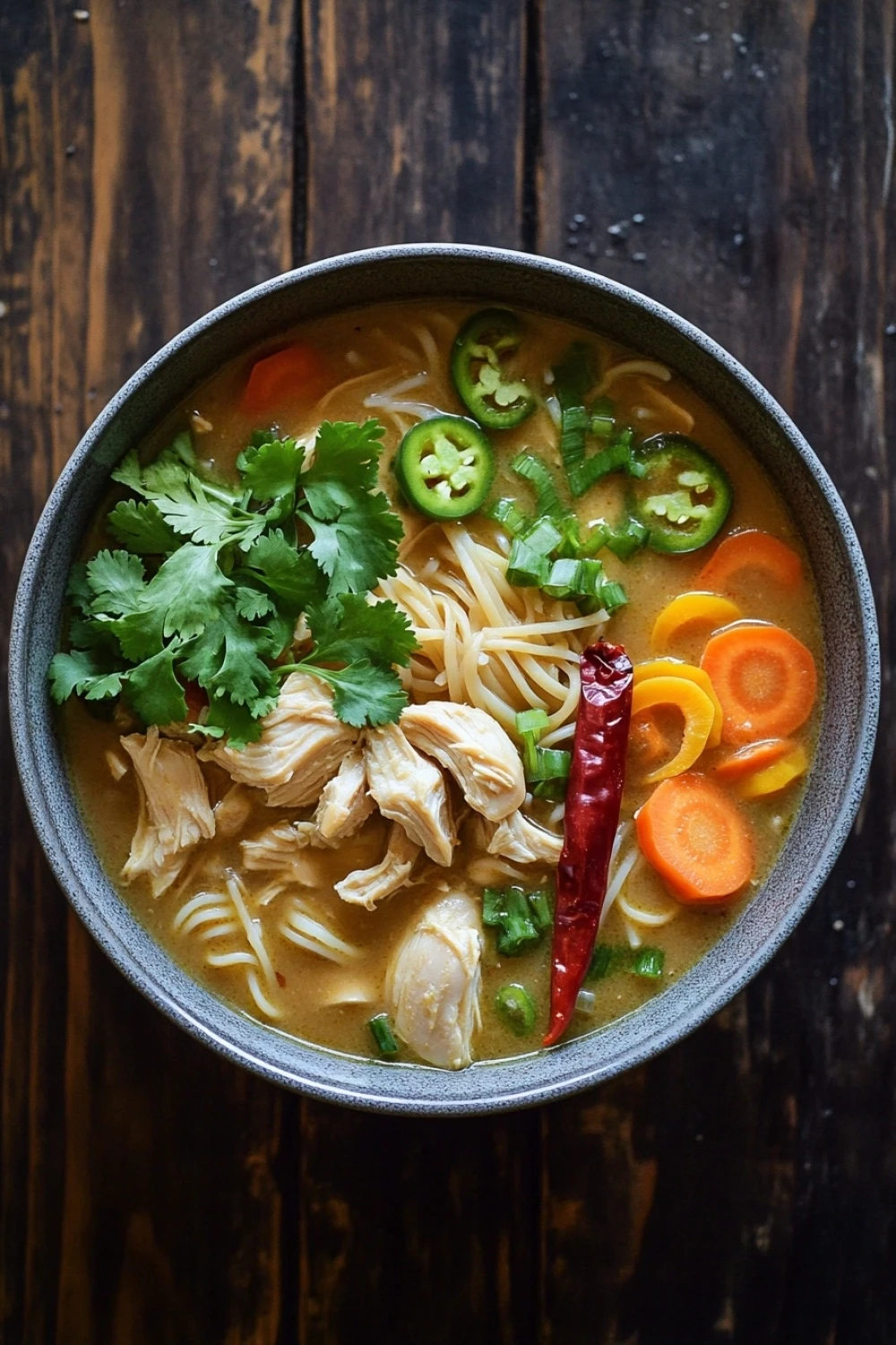 Slow cooker thai chicken noodle soup - the image is a close-up of a bowl of soup on a wooden table. the soup appears to be a type of noodle soup with chunks of chicken, carrots, and jalapeno peppers mixed in. the broth is a light brown color and is thick and creamy. there are also some fresh cilantro leaves scattered throughout the soup. a red chili pepper is placed on top of the soup, adding a pop of color to the dish. the bowl is made of dark wood and has a dark rim. the overall mood of the image is warm and inviting.