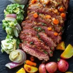 Slow cooker trader joes corned beef - the image shows a large piece of cooked steak on a black slate plate. the steak appears to be medium-rare and has a pinkish-brown crust on top. it is garnished with chopped carrots and herbs. on the left side of the plate, there is a bed of green cabbage and sliced red onions. next to the cabbage, there are several small pieces of sliced potatoes and a few slices of red onion. the plate is arranged in a way that the steak looks appetizing and ready to eat.