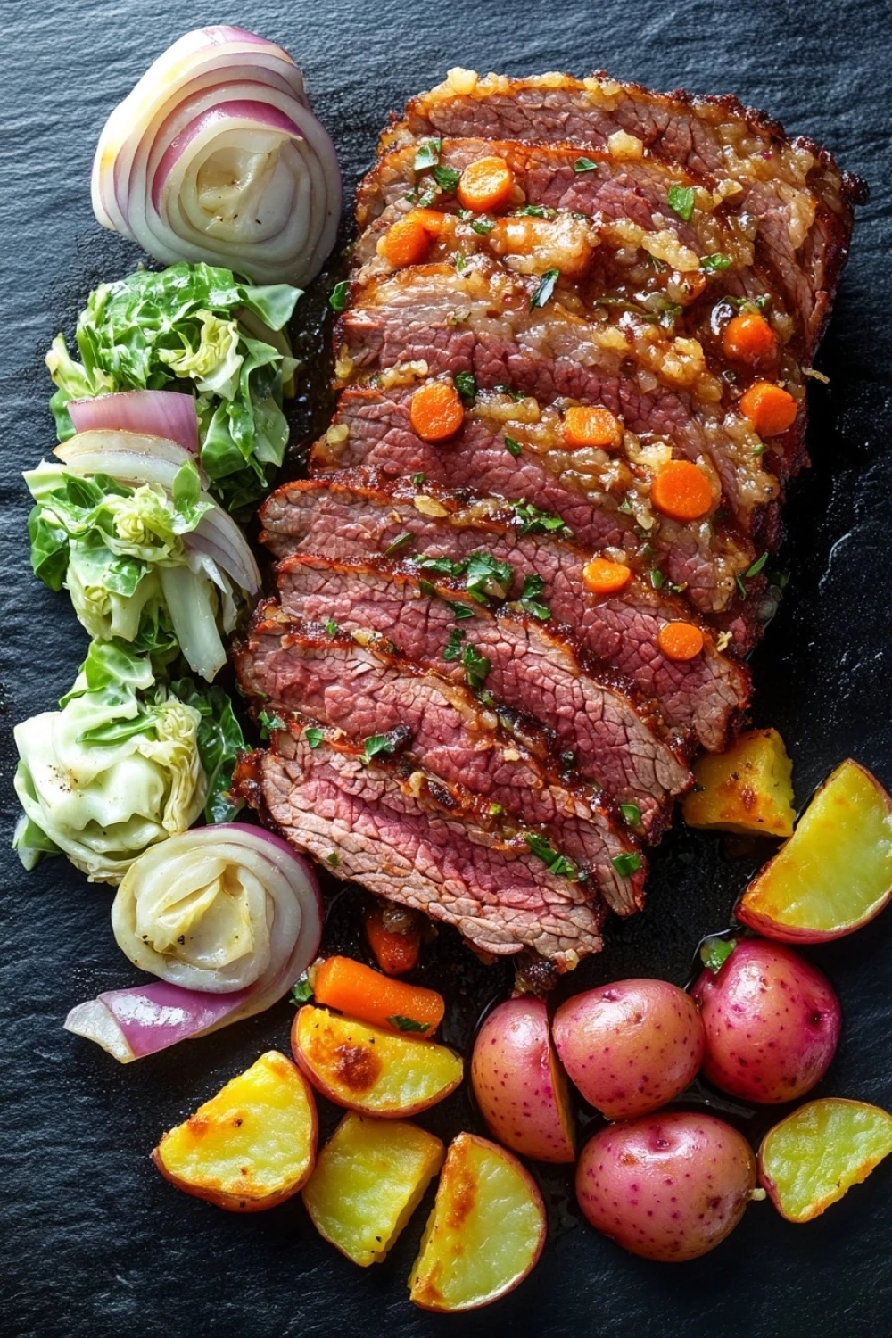Slow cooker trader joes corned beef - the image shows a large piece of cooked steak on a black slate plate. the steak appears to be medium-rare and has a pinkish-brown crust on top. it is garnished with chopped carrots and herbs. on the left side of the plate, there is a bed of green cabbage and sliced red onions. next to the cabbage, there are several small pieces of sliced potatoes and a few slices of red onion. the plate is arranged in a way that the steak looks appetizing and ready to eat.