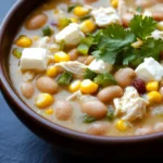Slow cooker white chicken chili new york times - the image is a close-up of a bowl of soup. the soup appears to be a creamy white color with chunks of chicken, corn, and red beans mixed in. the bowl is made of dark brown ceramic and is sitting on a dark blue surface. there is a sprig of fresh cilantro on top of the soup, adding a pop of green color to the dish. in the background, there is a slice of lime and a few sprigs of cilantro. the overall mood of the image is warm and inviting.