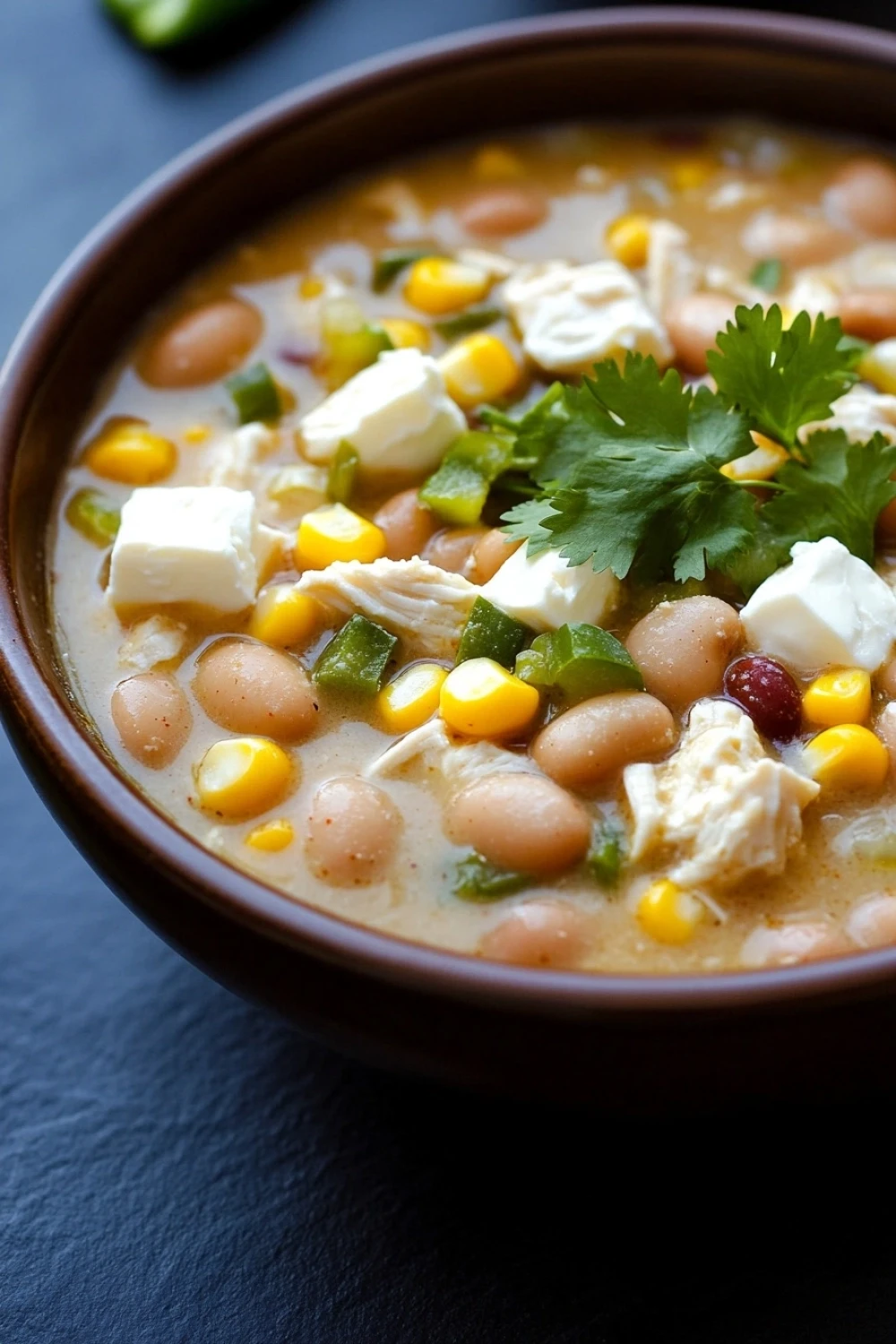 Slow cooker white chicken chili new york times - the image is a close-up of a bowl of soup. the soup appears to be a creamy white color with chunks of chicken, corn, and red beans mixed in. the bowl is made of dark brown ceramic and is sitting on a dark blue surface. there is a sprig of fresh cilantro on top of the soup, adding a pop of green color to the dish. in the background, there is a slice of lime and a few sprigs of cilantro. the overall mood of the image is warm and inviting.