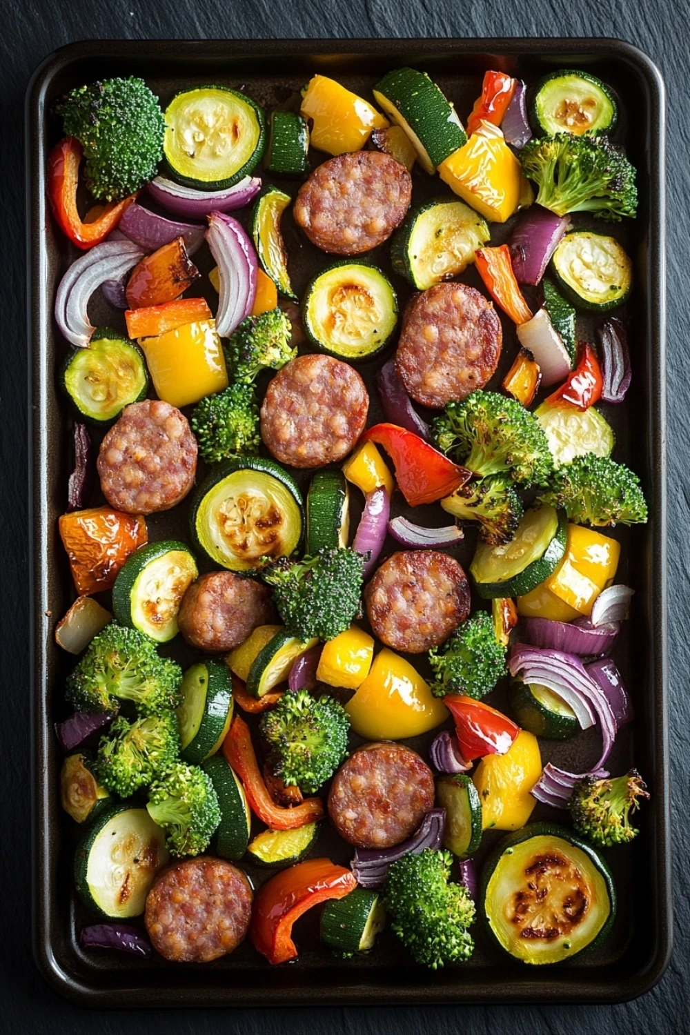 Smoked sausage veggie sheet pan - the image shows a rectangular baking tray filled with a variety of vegetables. the vegetables include zucchini, broccoli, red onions, and yellow bell peppers. there are also several sausage balls scattered throughout the tray. the tray is black and appears to be made of metal. the background is a dark grey countertop.