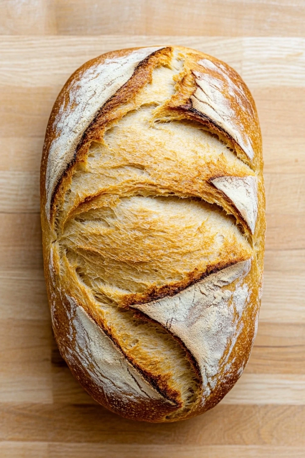 Sourdough discard sandwich bread gluten free - the image is a close-up of a freshly baked loaf of bread on a wooden cutting board. the bread appears to be golden brown in color and has a criss-cross pattern on the top and sides. the crust is slightly uneven and the inside of the bread is soft and fluffy. the loaf is resting on the cutting board with a smooth surface. the background is blurred, making the bread the focal point of the image.
