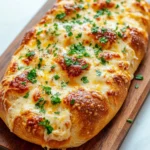 Sourdough discard skillet garlic cheese bread - the image shows a freshly baked bread on a wooden cutting board. the bread appears to be golden brown and has a flaky crust. it is topped with melted cheese and fresh herbs, including parsley. the cutting board is placed on a white marble countertop with a gray napkin in the background. the overall aesthetic of the image is rustic and appetizing.