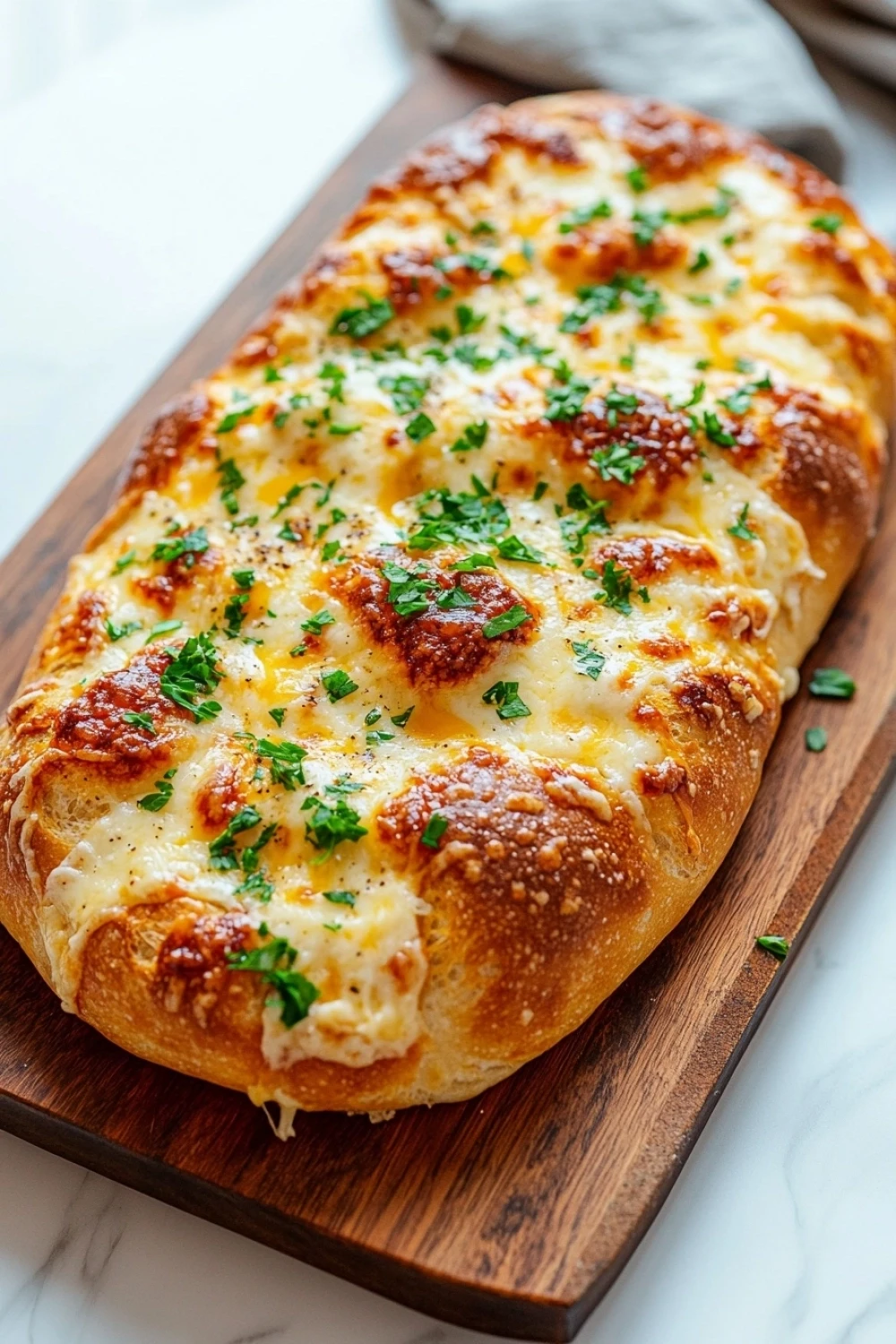 Sourdough discard skillet garlic cheese bread - the image shows a freshly baked bread on a wooden cutting board. the bread appears to be golden brown and has a flaky crust. it is topped with melted cheese and fresh herbs, including parsley. the cutting board is placed on a white marble countertop with a gray napkin in the background. the overall aesthetic of the image is rustic and appetizing.
