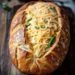 Sourdough jalapeno cheddar sandwich bread - the image shows a freshly baked loaf of bread on a wooden cutting board. the bread appears to be freshly baked and has a golden brown crust. on top of the bread, there is a layer of melted cheese, which is spread evenly over the top. there are also some green chili peppers scattered around the bread. in the background, there are two small bowls of dipping sauce and a white cloth napkin. the overall mood of the image is rustic and appetizing.