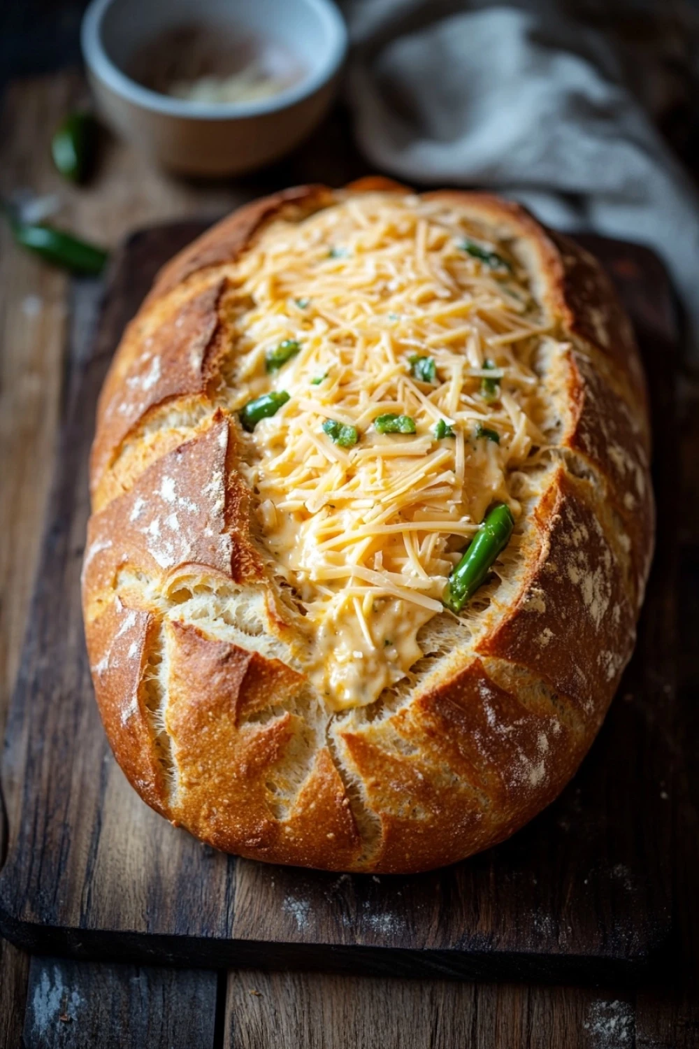Sourdough jalapeno cheddar sandwich bread - the image shows a freshly baked loaf of bread on a wooden cutting board. the bread appears to be freshly baked and has a golden brown crust. on top of the bread, there is a layer of melted cheese, which is spread evenly over the top. there are also some green chili peppers scattered around the bread. in the background, there are two small bowls of dipping sauce and a white cloth napkin. the overall mood of the image is rustic and appetizing.