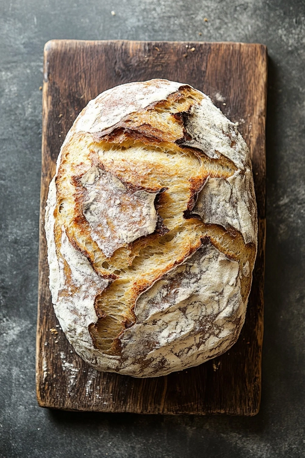Sourdough sandwich bread no yeast - the image shows a loaf of bread on a wooden cutting board. the bread appears to be freshly baked, with a golden brown crust and a soft, fluffy interior. the loaf is placed on a dark grey textured surface, possibly a countertop or a table. the edges of the bread are slightly frayed, indicating that it has been freshly baked. the overall appearance is rustic and cozy.