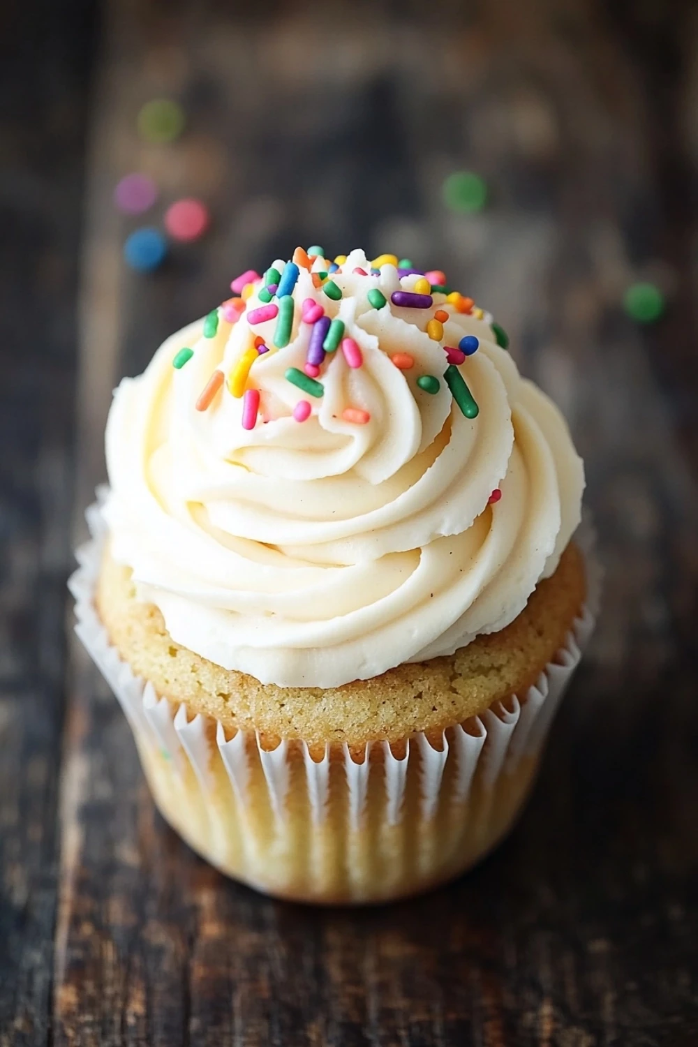 Sugar cookie cupcakes - the image is of a cupcake with white frosting on top. the cupcake is in a white paper liner and is placed on a wooden surface. the frosting is swirled in a swirl pattern and is decorated with colorful sprinkles in shades of pink, blue, green, and yellow. the sprinkles are scattered around the cupcake, adding a pop of color to the image. the background is blurred, but it appears to be a rustic wooden table.