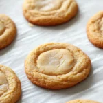 Sugar cookie gluten free - the image shows a group of freshly baked cookies on a white parchment paper. the cookies are round and golden brown in color, with a crumbly texture on top. they are arranged in a scattered manner on the parchment paper, with some overlapping each other. some of the cookies have a light dusting of sugar on top, indicating that they have been freshly baked. the background is blurred, but it appears to be a kitchen countertop.