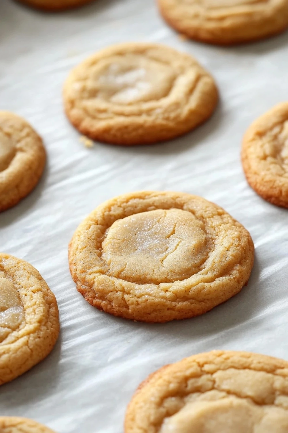 Sugar cookie gluten free - the image shows a group of freshly baked cookies on a white parchment paper. the cookies are round and golden brown in color, with a crumbly texture on top. they are arranged in a scattered manner on the parchment paper, with some overlapping each other. some of the cookies have a light dusting of sugar on top, indicating that they have been freshly baked. the background is blurred, but it appears to be a kitchen countertop.