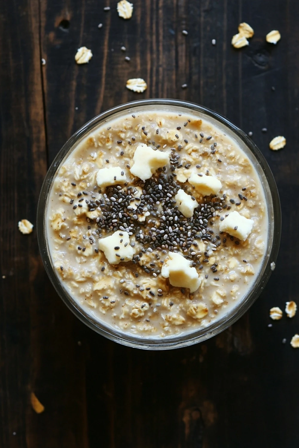 Sugar cookie overnight oats - the image is a close-up of a bowl of oatmeal on a wooden table. the oatmeal is a light beige color and appears to be creamy and smooth. it is topped with small pieces of white chocolate and sprinkled with black sesame seeds. there are also a few scattered walnuts on the table around the bowl. the bowl is made of clear glass and is sitting on a dark wooden surface.