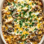 Trisha yearwood chicken wild rice casserole - the image shows a large white ceramic baking dish filled with a casserole dish. the dish appears to be made with rice, mushrooms, and chicken, and is topped with melted cheese and fresh parsley. the rice is golden brown and fluffy, and the mushrooms are scattered throughout the dish. there are also a few sprigs of parsley scattered around the dish, adding a pop of green color to the dish and giving it a fresh and appetizing appearance. the background is a wooden cutting board, making the dish stand out.