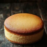 Vanilla cake vegan - the image is a close-up of a round cake on a wooden table. the cake appears to be freshly baked and has a golden brown crust on top. the edges of the cake are slightly curled, giving it a textured appearance. the background is blurred, making the cake the focal point of the image. the table has a weathered and aged appearance, with visible cracks and chips in the wood.