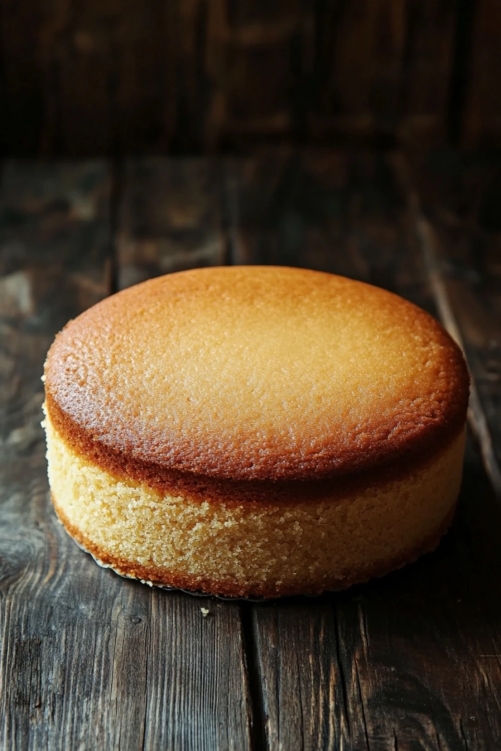Vanilla cake vegan - the image is a close-up of a round cake on a wooden table. the cake appears to be freshly baked and has a golden brown crust on top. the edges of the cake are slightly curled, giving it a textured appearance. the background is blurred, making the cake the focal point of the image. the table has a weathered and aged appearance, with visible cracks and chips in the wood.