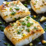 White fish - the image shows four pieces of fish fillets on a black baking sheet. the fillets are golden brown and appear to be seasoned with herbs and spices. they are arranged in a single layer on the baking sheet, with some of them overlapping each other. there are also some chopped parsley scattered around the fillets, adding a pop of green color to the dish. the background is blurred, but it appears to be a kitchen countertop.