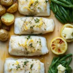 White fish dinner - the image shows three pieces of fish fillets on a wooden cutting board. the fillets are golden brown and appear to be seasoned with herbs and spices. on the left side of the cutting board, there are roasted potatoes and green beans. next to the fish, there is a slice of lemon and a dollop of butter. the overall presentation of the dish is elegant and appetizing.
