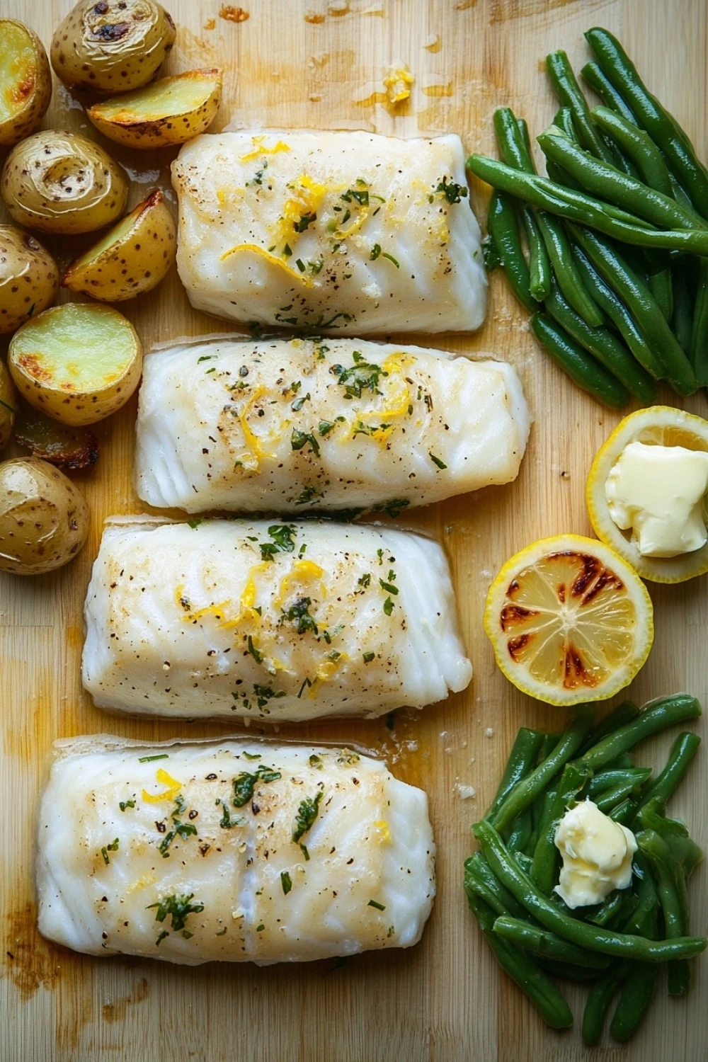 White fish dinner - the image shows three pieces of fish fillets on a wooden cutting board. the fillets are golden brown and appear to be seasoned with herbs and spices. on the left side of the cutting board, there are roasted potatoes and green beans. next to the fish, there is a slice of lemon and a dollop of butter. the overall presentation of the dish is elegant and appetizing.
