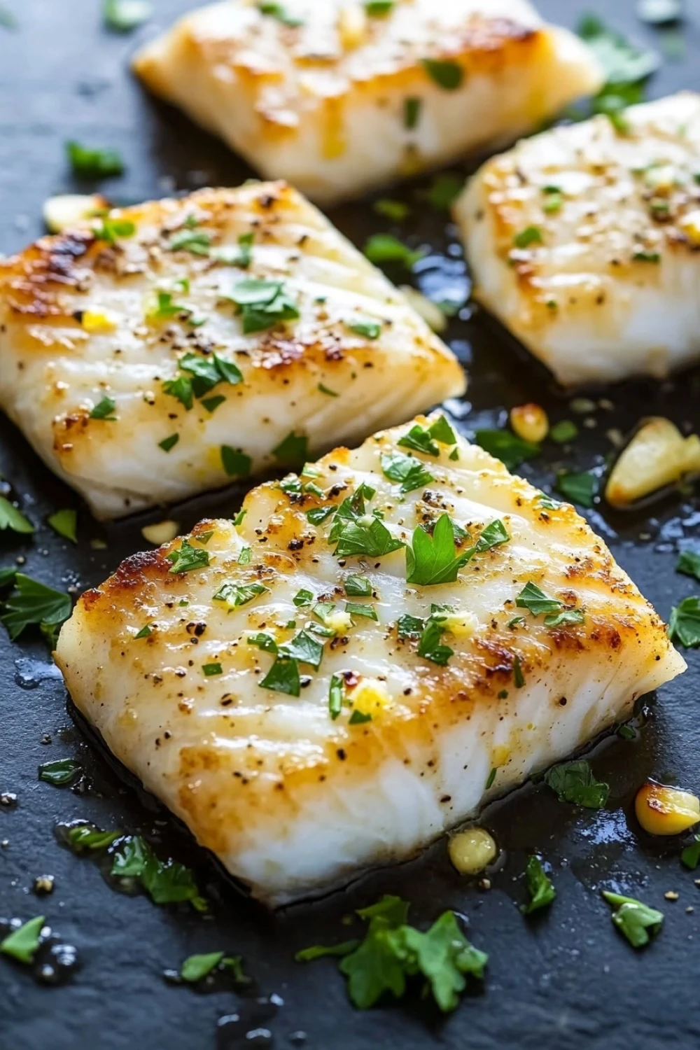 White fish - the image shows four pieces of fish fillets on a black baking sheet. the fillets are golden brown and appear to be seasoned with herbs and spices. they are arranged in a single layer on the baking sheet, with some of them overlapping each other. there are also some chopped parsley scattered around the fillets, adding a pop of green color to the dish. the background is blurred, but it appears to be a kitchen countertop.