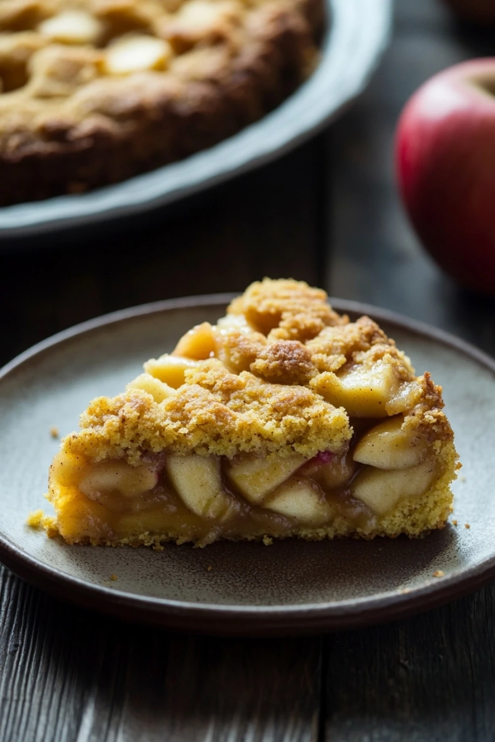 With yellow cake mix and apple pie filling - the image shows a slice of apple pie on a gray plate. the pie has a golden brown crust on top and is filled with sliced apples. the apples are arranged in a crumbly pattern and appear to be freshly baked. in the background, there is another pie and a red apple on a wooden table. the overall mood of the image is rustic and appetizing.