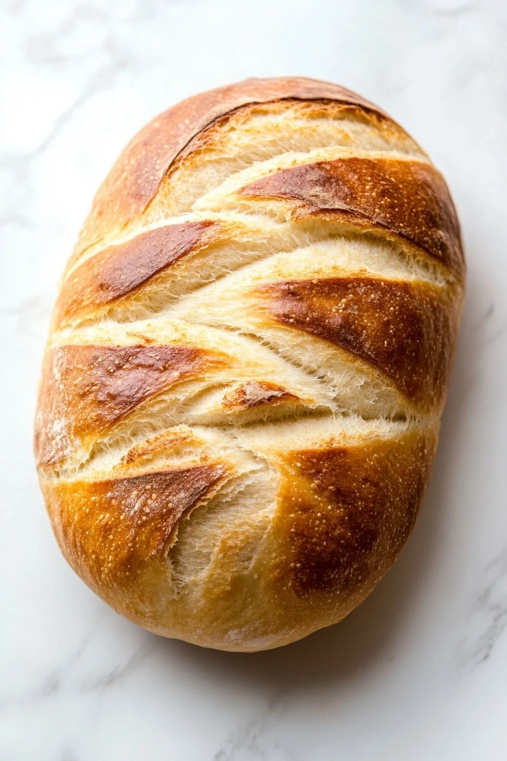 Yeast bread soft - the image is a close-up of a freshly baked loaf of bread on a white marble surface. the bread appears to be freshly baked, with a golden-brown crust and a soft, fluffy interior. the crust is braided in a criss-cross pattern, with the ends of the bread slightly curled at the edges. the loaf is resting on a flat surface, and the background is blurred, making the bread the focal point of the image.