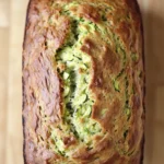 Zucchini bread gluten free - the image is a close-up of a freshly baked loaf of bread. the bread appears to be golden brown in color and has a slightly crumbly texture. on top of the bread, there is a layer of zucchini and herbs, which are visible in the center. the zucchinis are arranged in a zigzag pattern, with some overlapping each other. the loaf is sitting on a wooden surface, and the background is blurred, making the bread the focal point of the image.