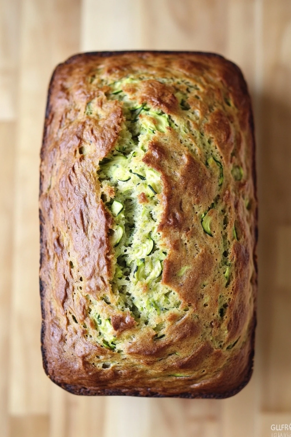 Zucchini bread gluten free - the image is a close-up of a freshly baked loaf of bread. the bread appears to be golden brown in color and has a slightly crumbly texture. on top of the bread, there is a layer of zucchini and herbs, which are visible in the center. the zucchinis are arranged in a zigzag pattern, with some overlapping each other. the loaf is sitting on a wooden surface, and the background is blurred, making the bread the focal point of the image.
