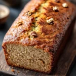 Zucchini bread varieties - the image shows a freshly baked loaf of bread on a wooden cutting board. the bread appears to be golden brown in color and has a crumbly texture. it is topped with chopped nuts, giving it a crunchy appearance. the cutting board is placed on a dark grey countertop, and there are a few small bowls and plates in the background. the overall mood of the image is rustic and homey.