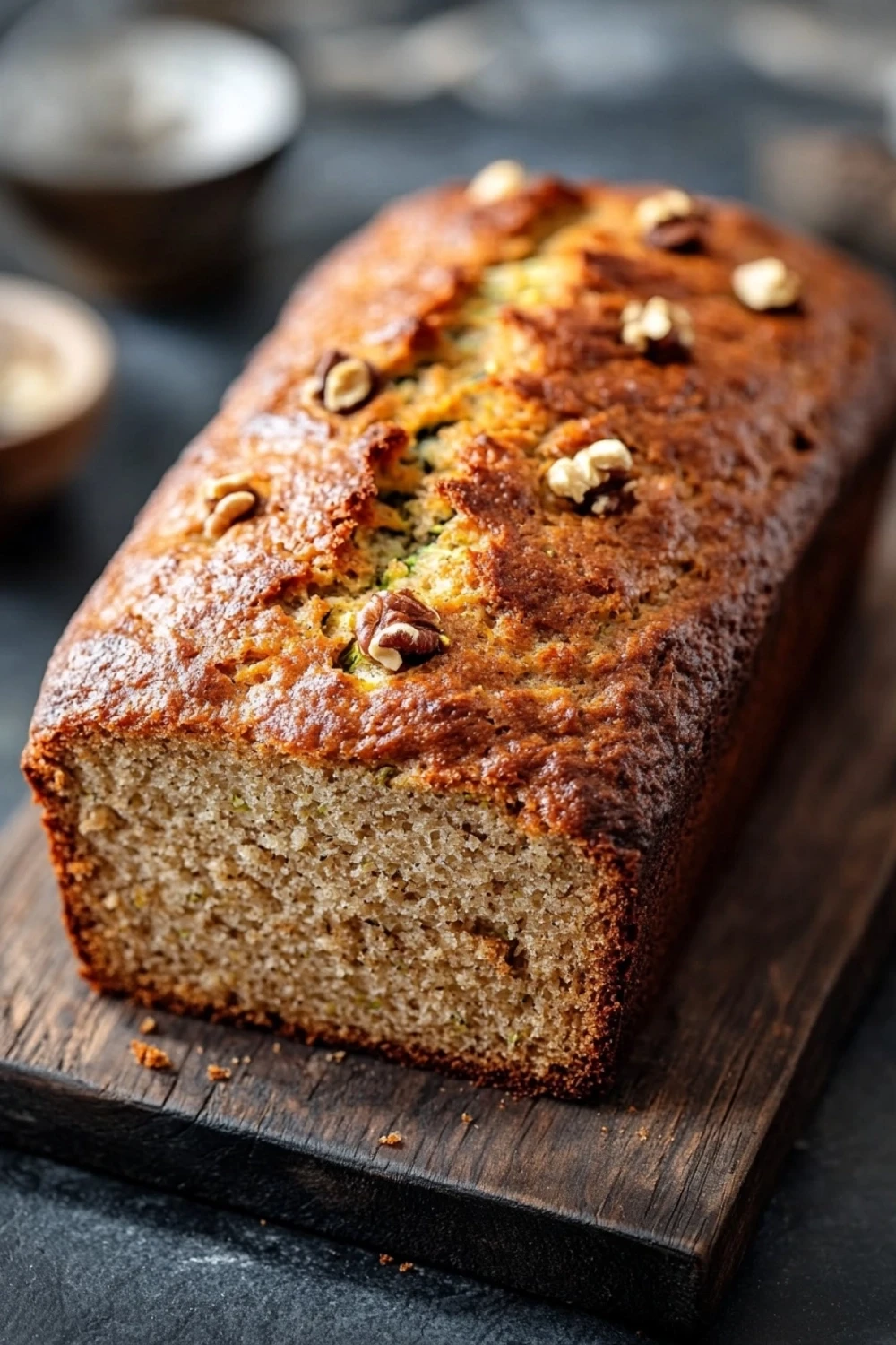 Zucchini bread varieties - the image shows a freshly baked loaf of bread on a wooden cutting board. the bread appears to be golden brown in color and has a crumbly texture. it is topped with chopped nuts, giving it a crunchy appearance. the cutting board is placed on a dark grey countertop, and there are a few small bowls and plates in the background. the overall mood of the image is rustic and homey.