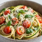 Zuchinis dinner pasta - the image is a close-up of a bowl of pasta dish. the bowl is made of ceramic and is placed on a white marble countertop. the pasta appears to be fettuccine alfredo, which is a type of italian pasta. it is topped with sliced zucchini, cherry tomatoes, and fresh basil leaves. the tomatoes are bright red and appear to be ripe and juicy. the basil leaves are scattered throughout the dish, adding a pop of green color. the dish is garnished with grated parmesan cheese, giving it a fresh and appetizing appearance.